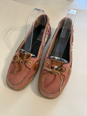 Sperry Plaid Rose Pink Suede Moccasin Boat Deck Shoes Preppy Tan Accent Size 9